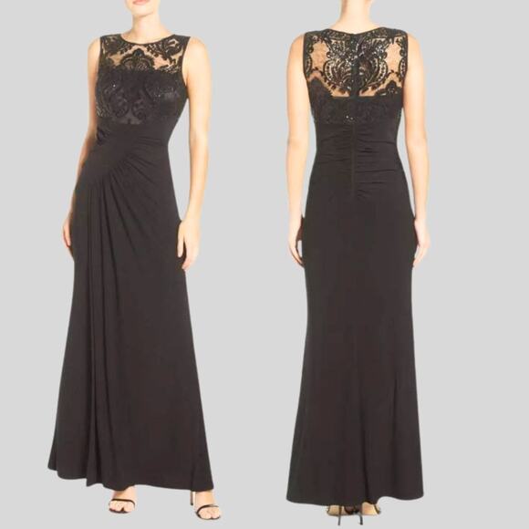 ELIZA j.  Sequin Lace Bodice Draped Jersey Gown Dress Black Size 6 - Picture 1 of 12